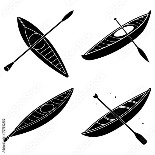 Four black and white silhouette illustrations of kayaks with paddles on a white background