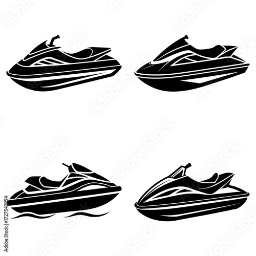 Four jet skis displayed in a square arrangement with varying designs and orientations on a white background