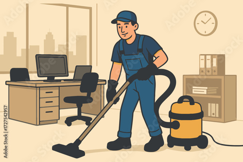 Professional cleaner in uniform vacuuming an office with desk computer and shelves