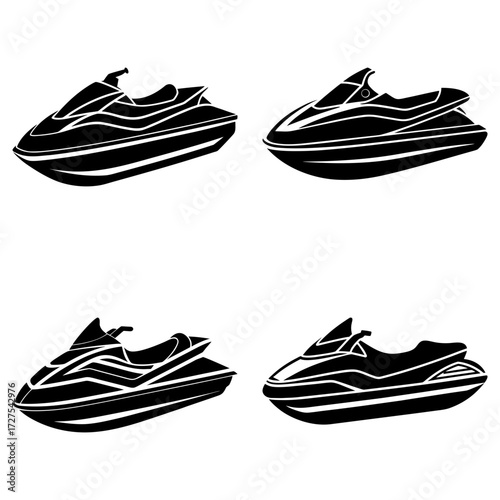 Four black and white jet ski illustrations arranged in a square format on a white background