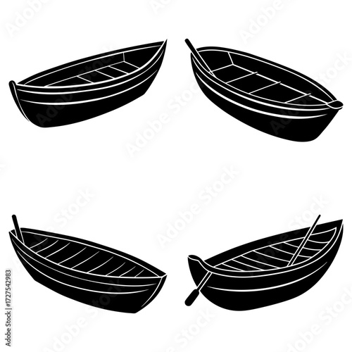 Four black and white rowboats are arranged in a square formation on a plain white background view from above