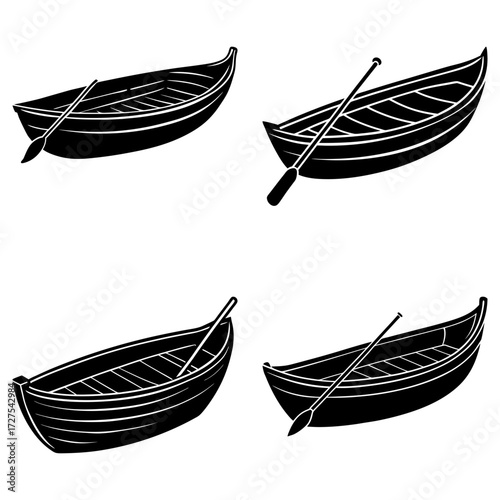 Four stylized rowboats with oars in black and white illustration for nautical themed designs and backgrounds