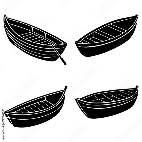 Four black and white rowboats are arranged on a white background with one rowboat having an oar in it
