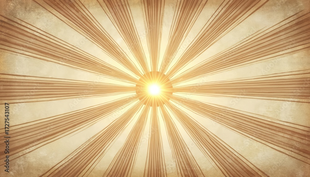 Obraz premium Vintage sunburst radial lines background with grunge texture. Warm beige and brown tones emanate from bright center sun, creating retro graphic element for design.