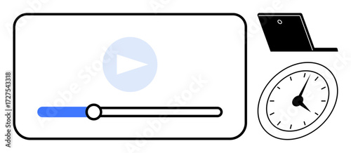 Video player with a progress bar and play icon, minimalist laptop, and analog clock. Ideal for media, productivity, time management, online education, streaming, workflow digital tools simple flat