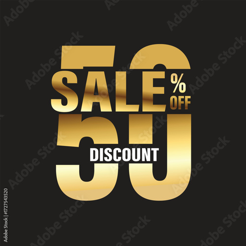 Golden sale 50 off discount promotion on black background, perfect for advertising campaigns, seasonal discounts, and attracting customers with a luxurious design
