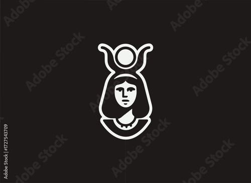 Hathor Logo and Illustration, Egyptian Goddess Logo Design, Ancient Egypt Mythology Vector, Hathor Illustration, Love and Beauty Deity Symbol, Egyptian Mythological Logo, Pharaoh Era Branding, Hathor 