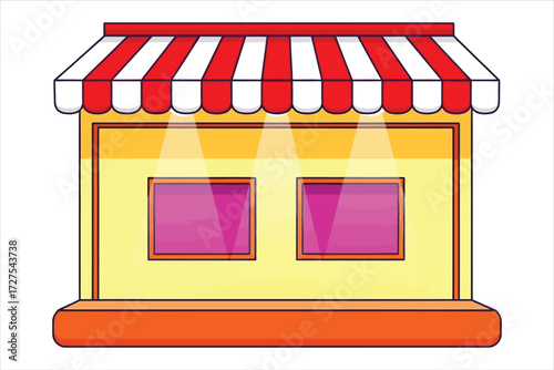 Illustration of a charming storefront with a red and white striped awning, inviting windows, and a warm, welcoming glow