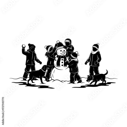 Children happily building a snowman together with dogs in winter snow fun vector