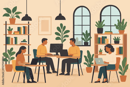 Diverse group of people working and studying together in a bright modern office or co working space with plants and bookshelves