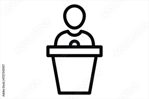 Vector art of simple black and white line drawing of a person standing behind a podium, ideal for presentations, speeches, or public speaking events