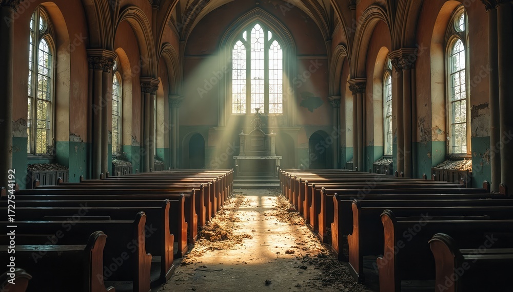 Fototapeta premium Sunbeams pierce dusty air in empty abandoned church interior. Rows of wooden pews face a grand altar beneath gothic windows. Crumbling walls and decay show passage of time.