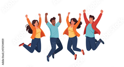 A diverse group of four friends joyfully jumping in the air with their arms raised in celebration, isolated on a white background