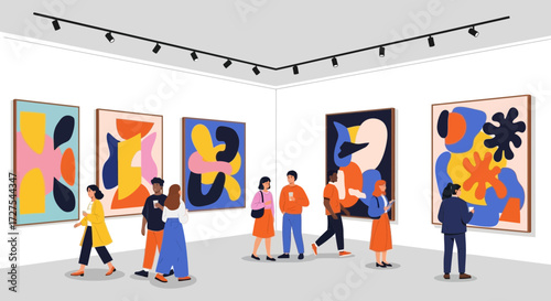 A diverse group of people admire colorful abstract paintings displayed in a modern art gallery with track lighting illuminating the exhibition