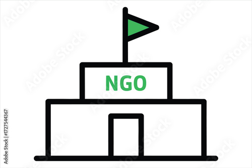 Vector art of minimalist icon of an ngo building with a green flag, representing nongovernmental organizations and their commitment to social causes
