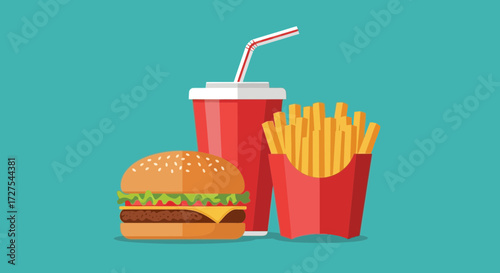 A classic fast food meal featuring a juicy hamburger, crispy french fries, and a refreshing soda with a straw, presented in a vibrant, flat design illustration