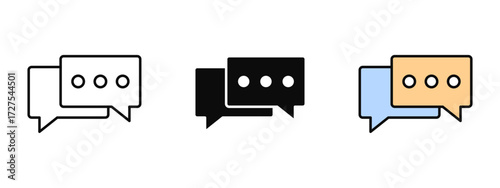 SMS icon illustrated in line art, fill, and colored outline styles with a clean white background. Perfect for text messages, mobile communication, and instant notifications.