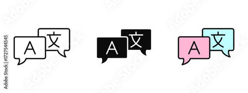 Translate icon designed in line art, fill, and colored outline styles with a clean white background. Represents language change, multilingual support, and global communication.
