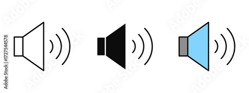 Speaker icon designed in line art, fill, and colored outline styles with a white background. Represents sound, audio, volume control, and music playback.