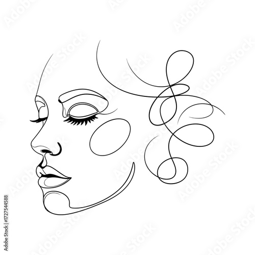 Minimalist one line drawing of a woman's face with flowing hair and closed eyes vector
