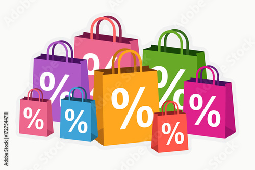 Colorful shopping bags with percentage symbol representing sale discounts and promotional offers for retail businesses attracting customers