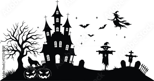 Halloween silhouette illustration, haunted house, spooky tree, bats flying, witch on broomstick, pumpkins, scarecrow, graveyard, eerie night, horror scene