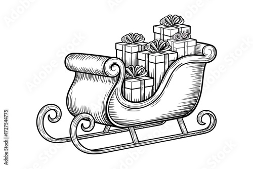 Vintage Christmas Sleigh Illustration with Gift Boxes Detailed Line Art Festive Holiday Season Graphic Design Element for Winter Celebrations