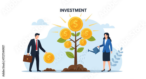 A businessman and businesswoman nurture a money tree, symbolizing investment growth and financial prosperity