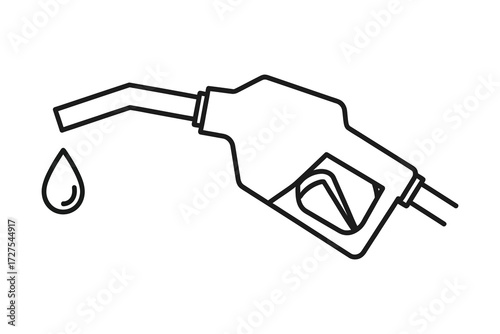Vector art of a minimalist gas pump nozzle with a single drop, , symbolizes energy and transportation, inviting viewers to reflect on our reliance on fossil fuels