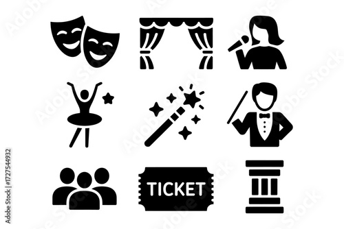 Black and White Set of Theater Show Performance Icons with Masks Curtains and More Elements