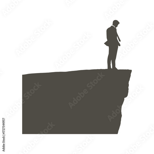 Silhouetted businessman standing on edge of cliff overlooking vast white expanse facing decision vector