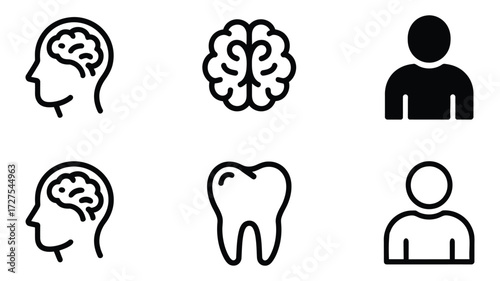 Vector art of set of simple vector icons representing various concepts like mental health, dental care, and personal identity