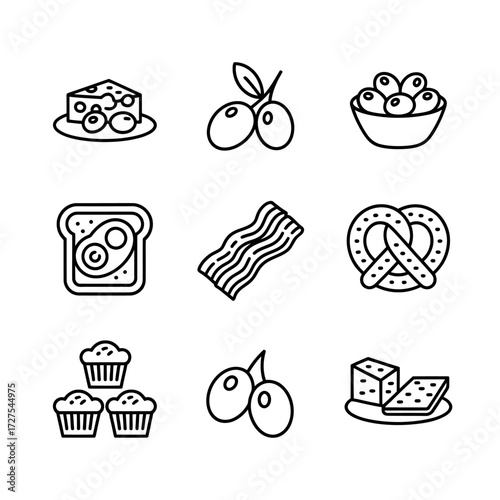 Food icon set featuring breakfast staples appetizers and dessert elements in minimalist black and white design for culinary concepts