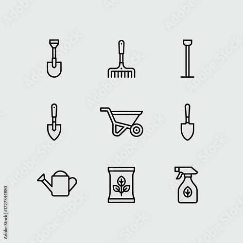 Gardening Tools Outline Icons Collection Shovel Rake Wheelbarrow and More for Horticultural and Landscaping Projects