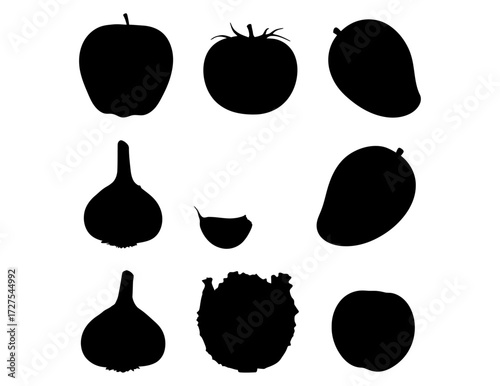 Fruit and Vegetable Silhouettes Diverse Collection of Farm Fresh Produce for Culinary Arts Projects