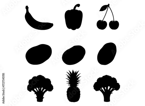 Collection of Silhouettes of Fresh Fruits and Vegetables on a White Background - Healthy Food Icons