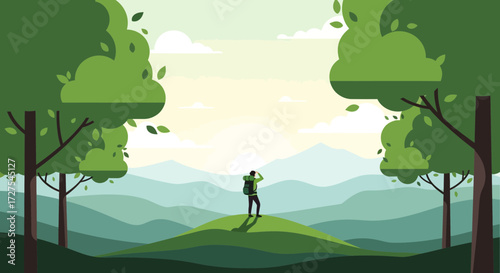 A lone hiker stands on a grassy hill, looking out at a vast mountain landscape with rolling hills and trees under a bright sky