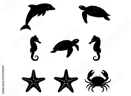 Collection of Marine Life Silhouettes Including Dolphin, Turtle, Seahorse, Starfish, and Crab