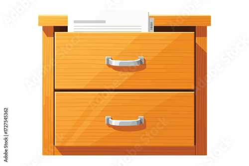 Vector art of a wooden filing cabinet with two drawers, one slightly open with papers inside, , perfect for office or storage illustrations