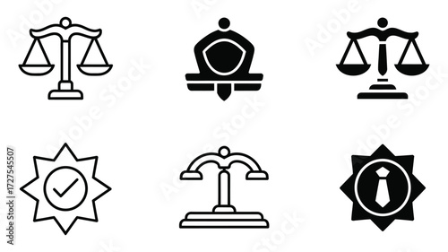 Vector art of collection of law and order icons includes scales of justice, police badge, and security checkmark symbols