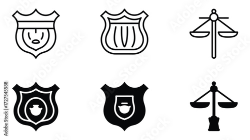 Vector art of collection of police and law enforcement icons includes police badge and scales of justice symbols