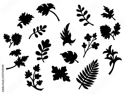 Collection of Black Botanical Silhouettes of Various Leaves and Flowers on White Background