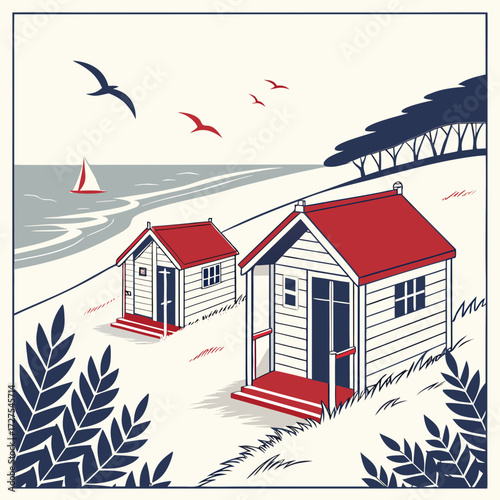 Charming seaside beach huts with red roofs overlook the ocean with a sailboat and birds flying