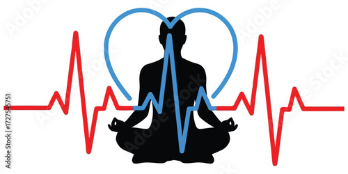 Vector illustration of meditating silhouette with heart rhythm, symbolizing health, mindfulness, and the connection between mind and body, holistic wellness