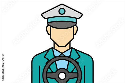 Illustration of a driver, wearing a teal uniform and hat, holding a steering wheel, symbolizing transportation, service, and professional driving