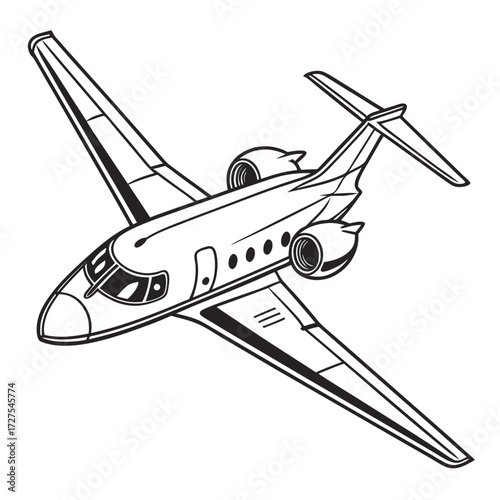Clean line art illustration of a modern private jet aircraft in flight