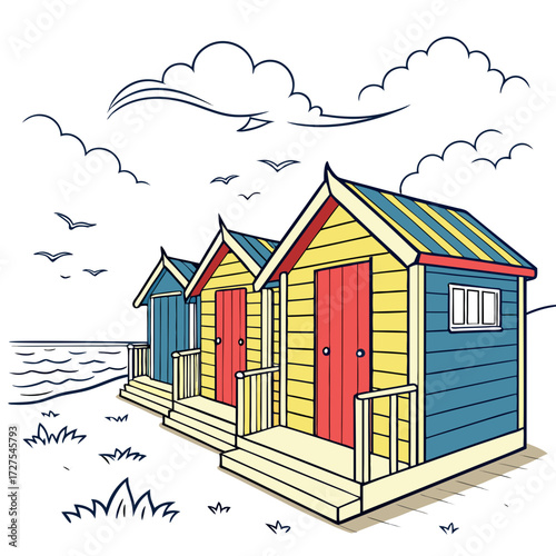 Colorful beach huts lined up on a sandy shore with seagulls flying overhead