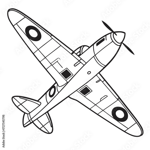 Classic world war two british spitfire fighter plane line drawing illustration