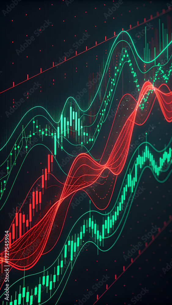 Naklejka premium Abstract glowing red and green financial data lines and candlestick charts on dark full hd 4k stock image download background