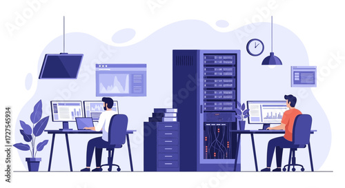 Two it professionals work diligently in a modern server room, analyzing data on multiple computer screens while surrounded by racks of advanced technology